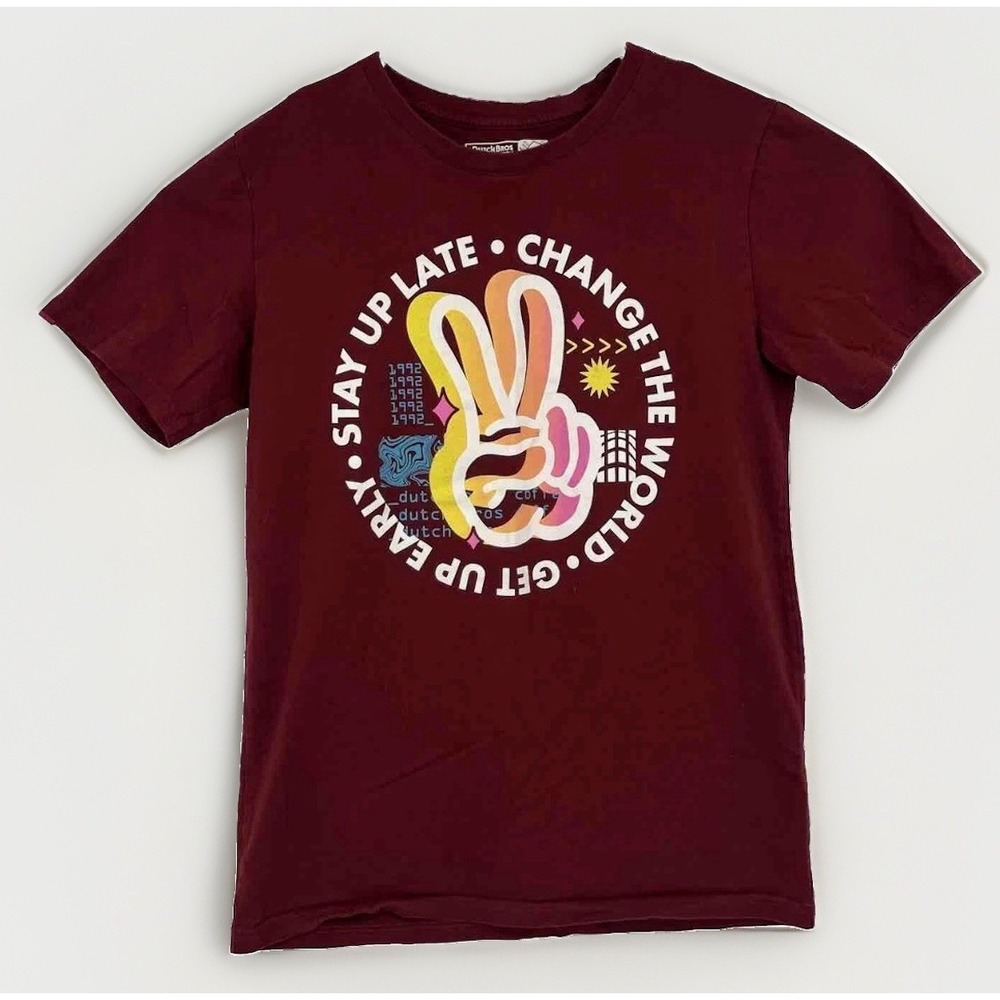 Dutch Bros Coffee Stay Up Late Change The World Shirt Mens Large Maroon NWOT Tee